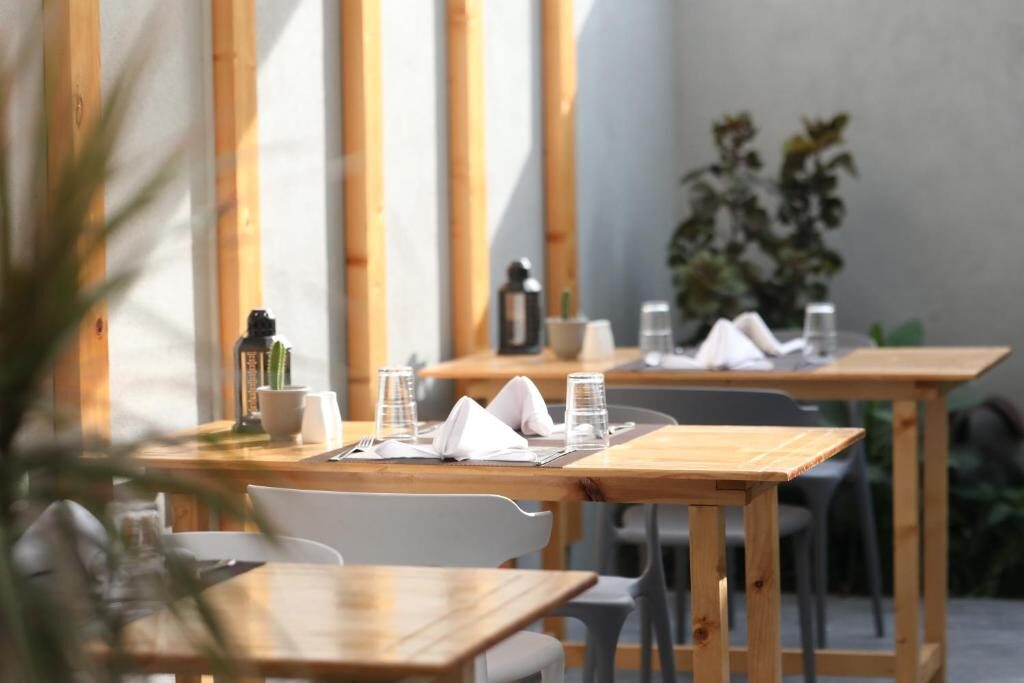 The restaurant, set for breakfast