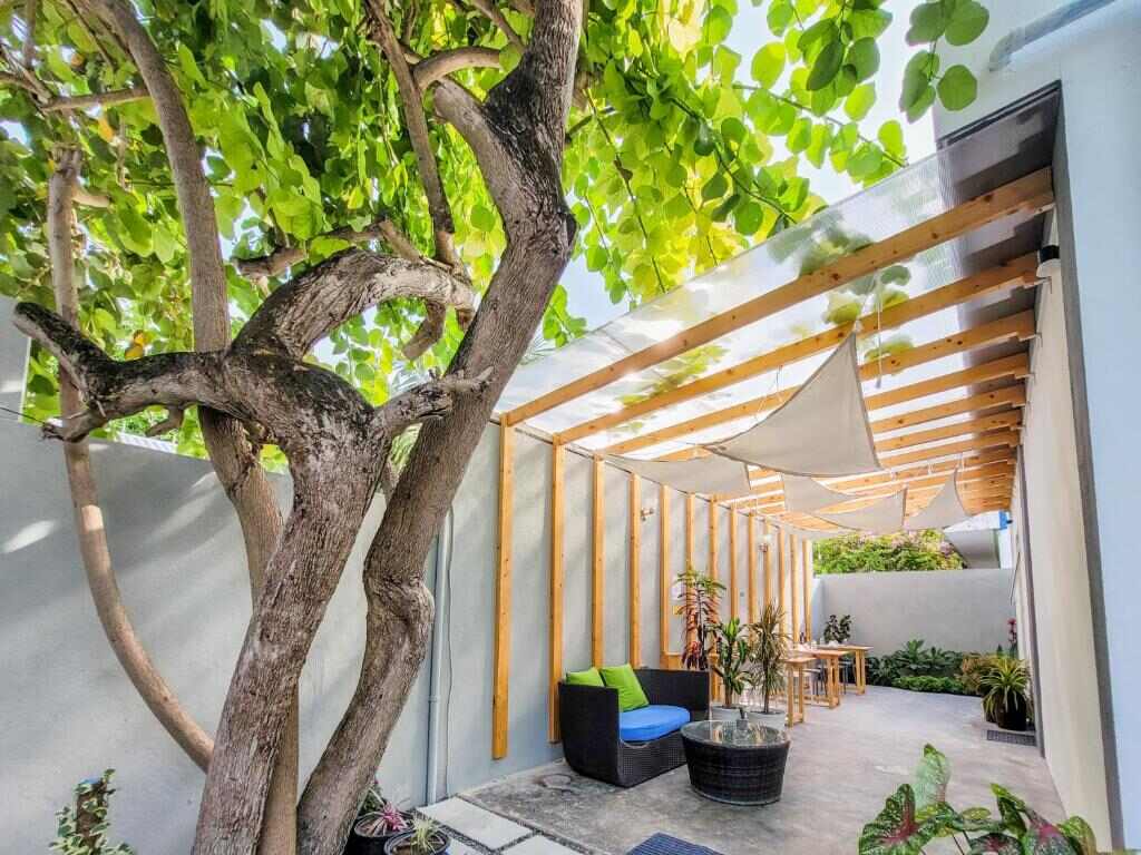 Shaded garden lounge under the pergola