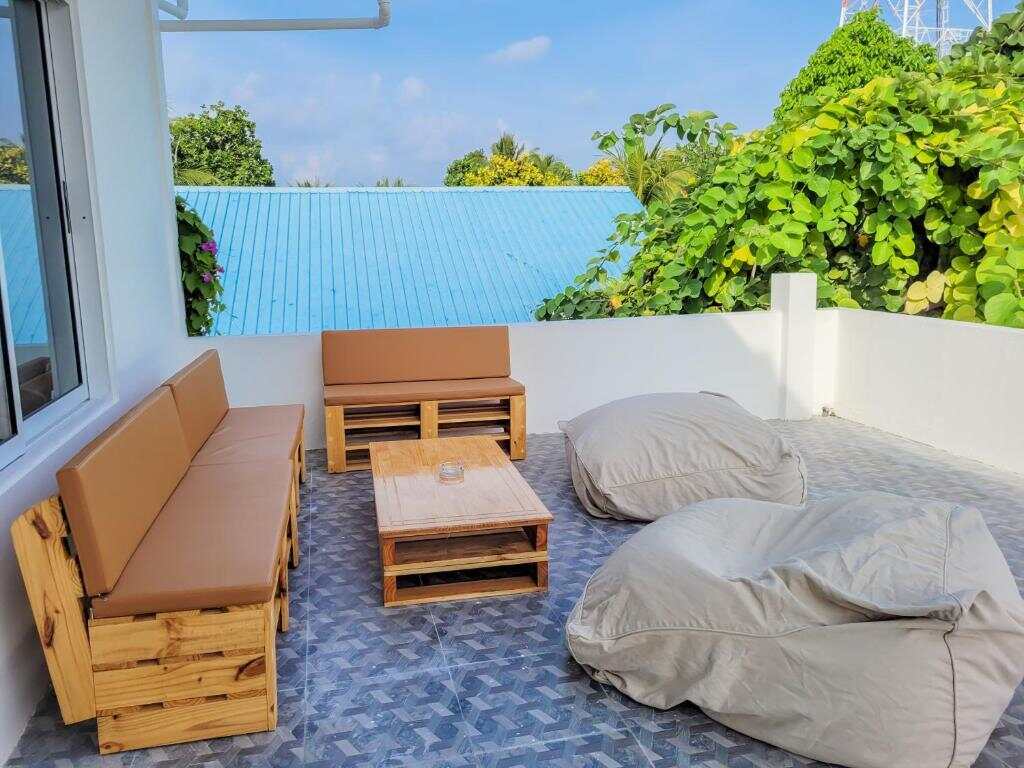Rooftop seating area with island views